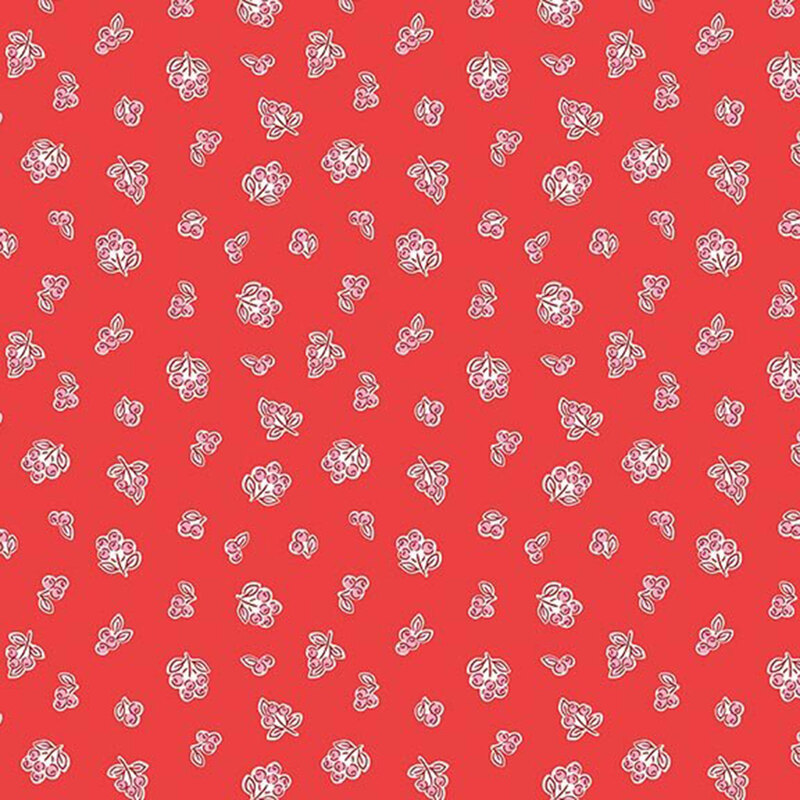 Bright scarlet fabric with a ditsy pattern of pale pink berries