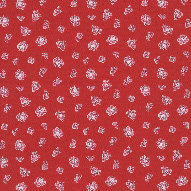 Scarlet fabric with a pattern of pale pink berries