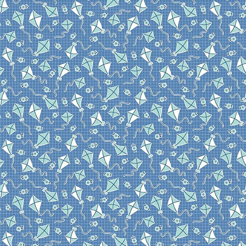 Deep sky blue fabric with a small, light blue windowpane pattern, tossed aquamarine and white kites, and tiny florals