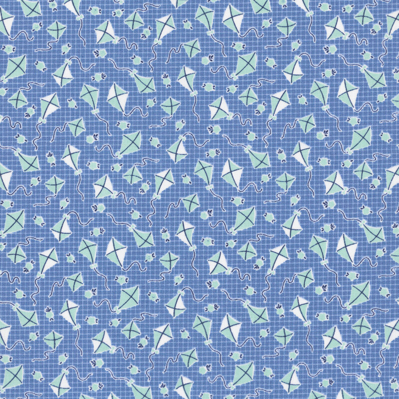 Deep sky blue fabric with a small, light blue windowpane pattern, tossed aquamarine and white kites, and tiny florals