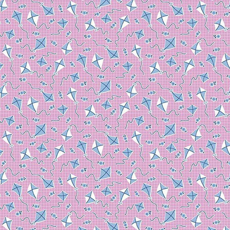 Lilac purple fabric with a small windowpane pattern, tossed cornflower blue and white kites, and tiny florals