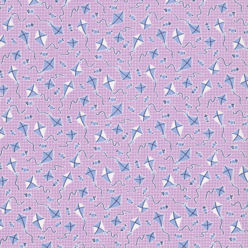 Lilac purple fabric with a small windowpane pattern, tossed cornflower blue and white kites, and tiny florals