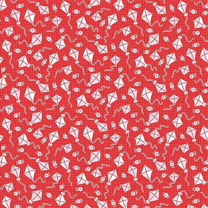 Bright scarlet fabric with a small red windowpane pattern, tossed light pink and white kites, and tiny florals
