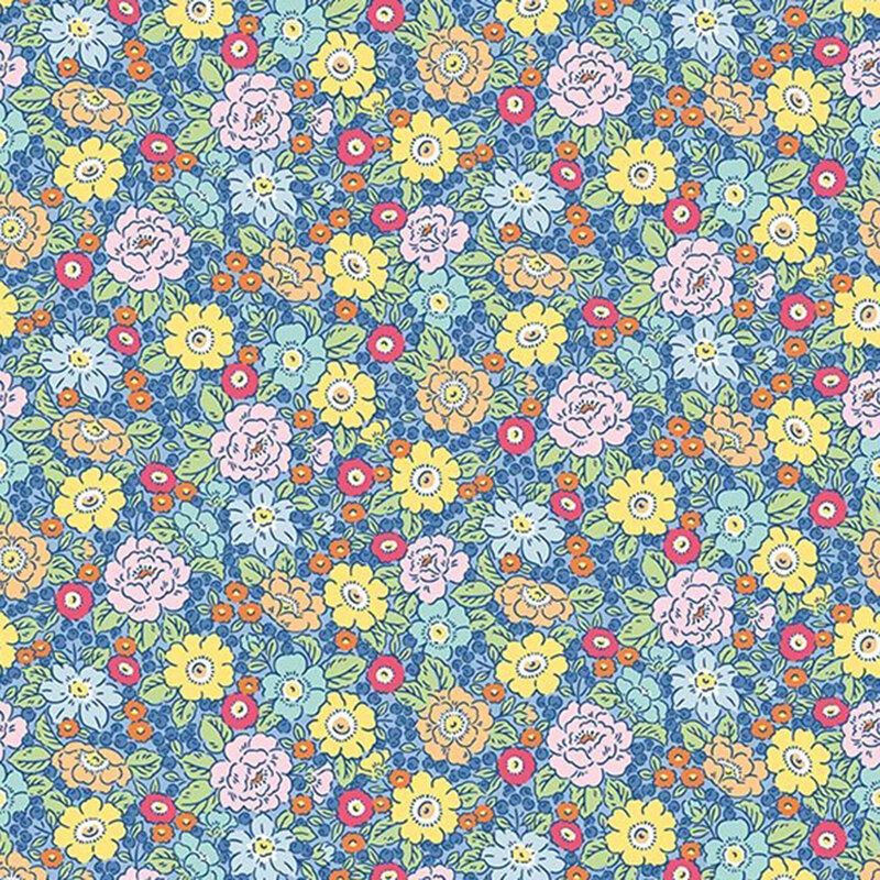 Dense multicolor floral fabric in pale yellow, orange, red, and navy blue on an aquamarine background