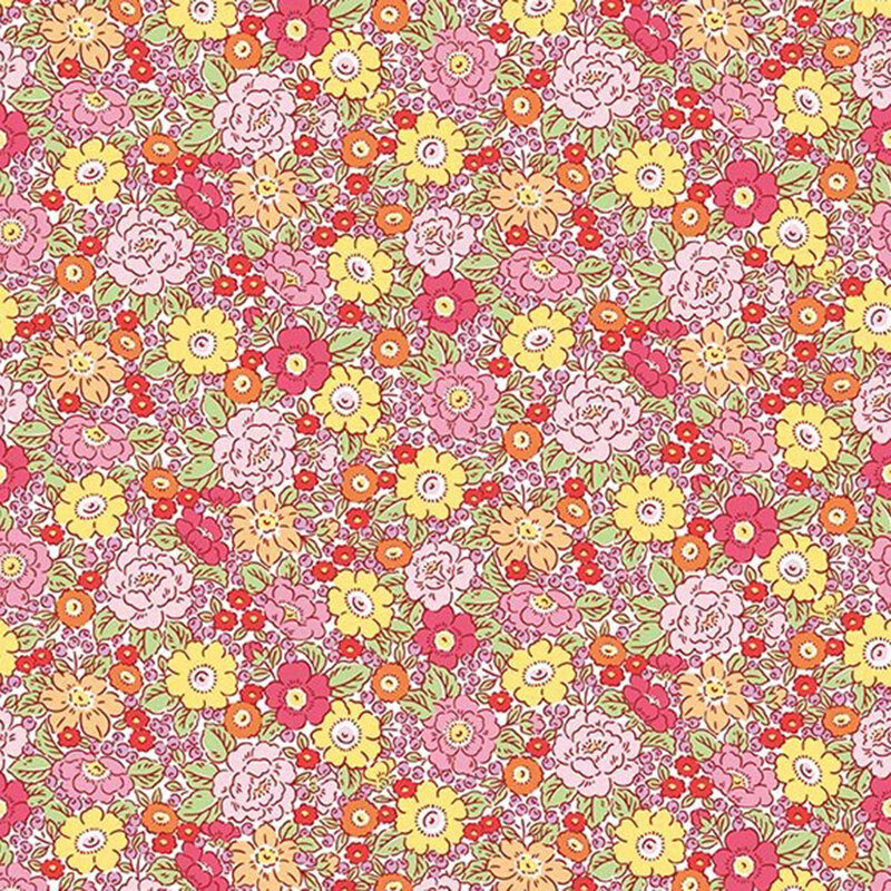 Dense multicolor floral fabric in pink, fuchsia, orange, and yellow on a light blush pink background