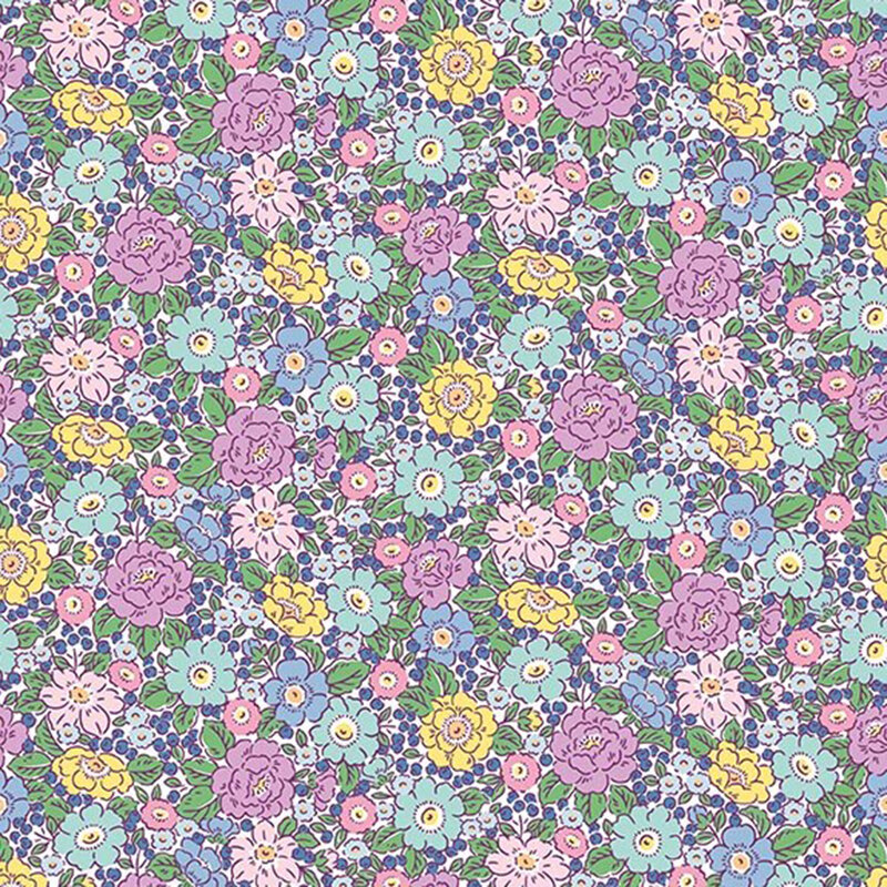 Dense multicolor floral fabric in aquamarine, purple, blue, and yellow on a pale lilac background
