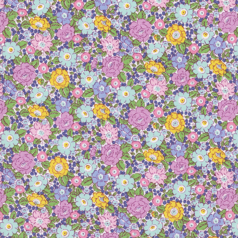 Dense multicolor floral fabric in aquamarine, purple, blue, and yellow on a pale lilac background