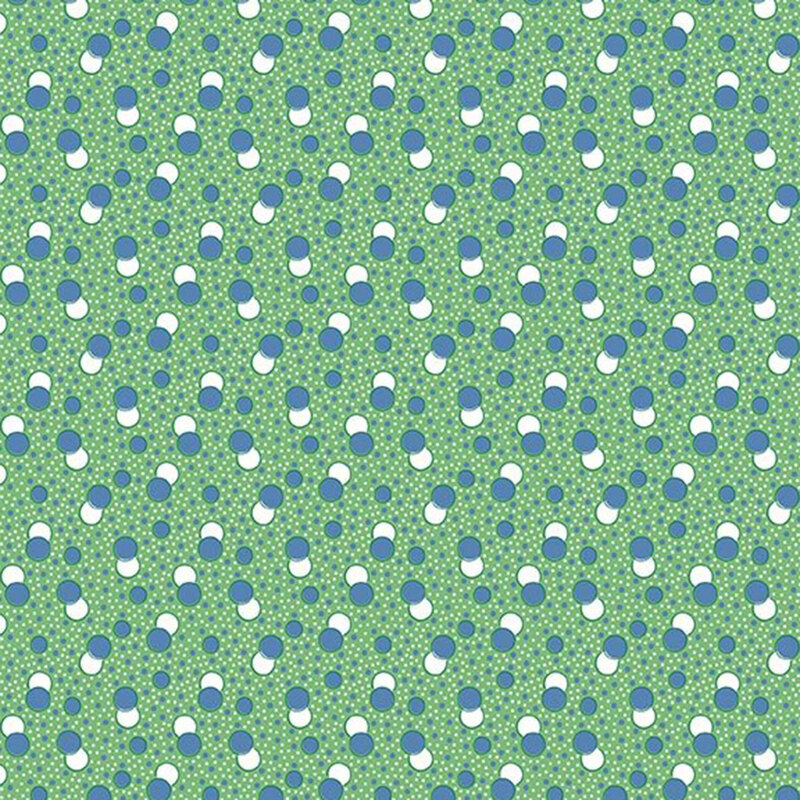 Grass green fabric with a primitive pattern of denim blue and white circles