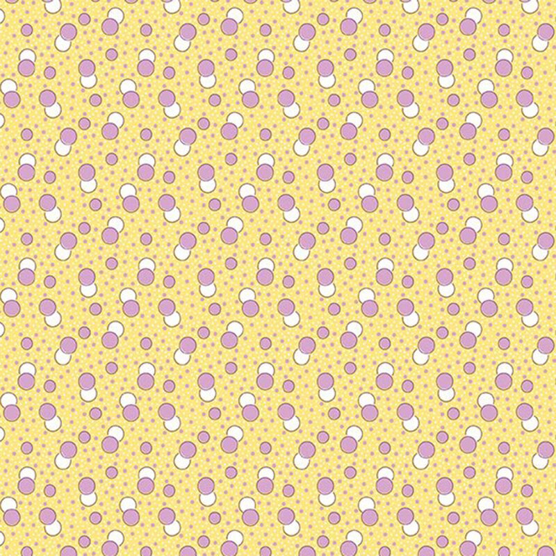 Daffodil yellow fabric with a primitive pattern of lavender and white circles
