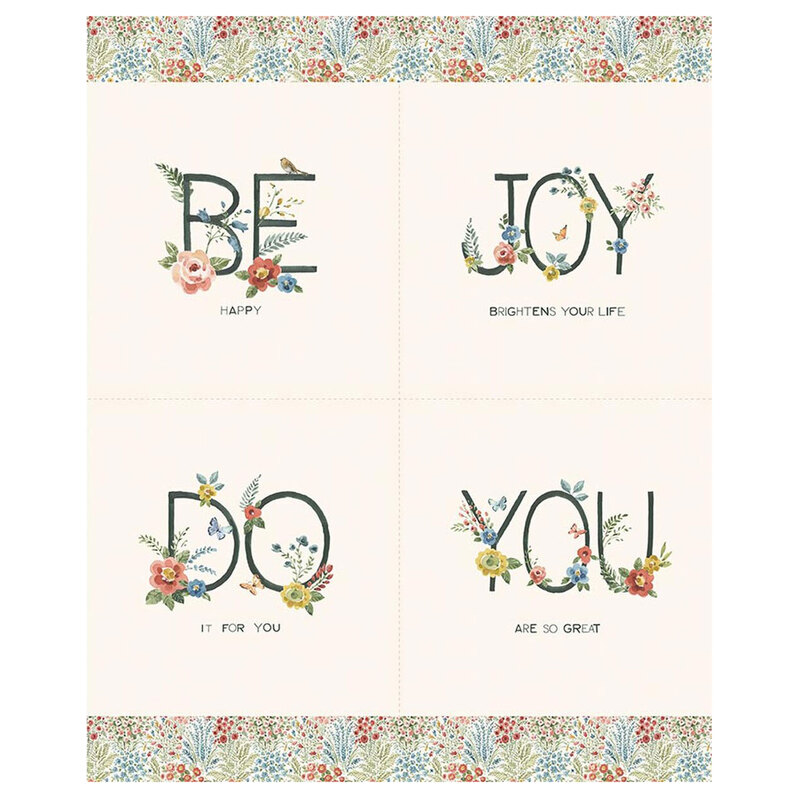 Cream fabric panel featuring inspiring phrases with flower decorations and borders.