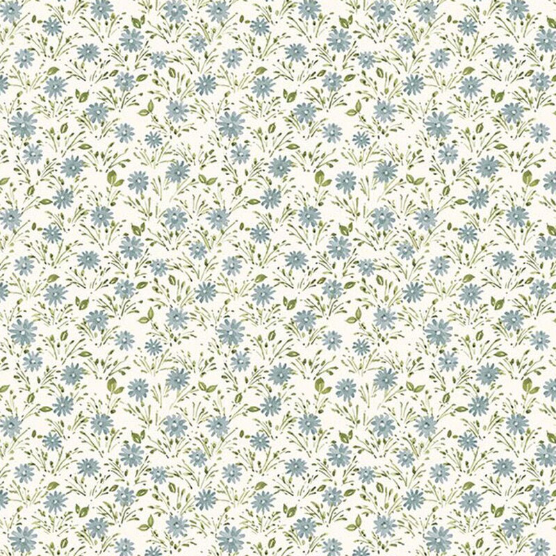 Ivory fabric tossed with blue daisies and green leaves.
