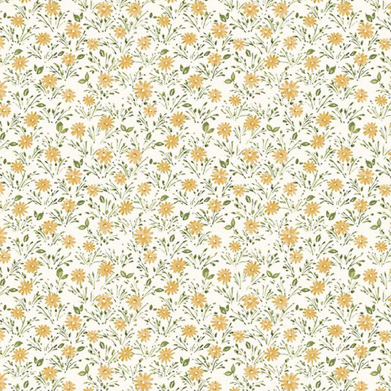 Ivory fabric tossed with yellow daisies and green leaves.
