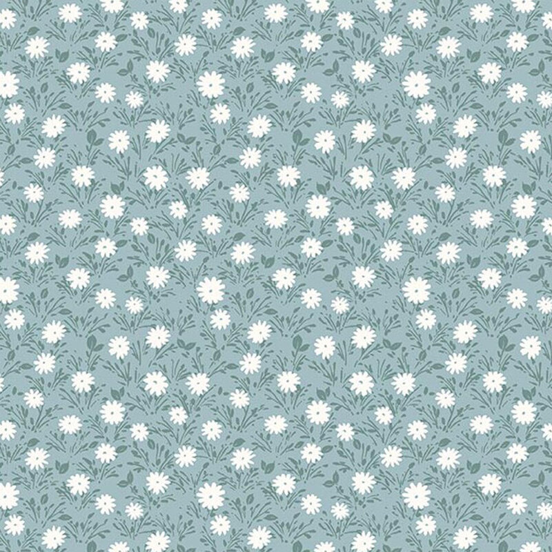 Slate blue fabric tossed with white daisies and tonal leaves.