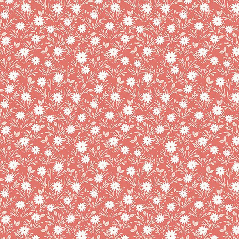 Rouge red fabric tossed with white daisies and tonal leaves.