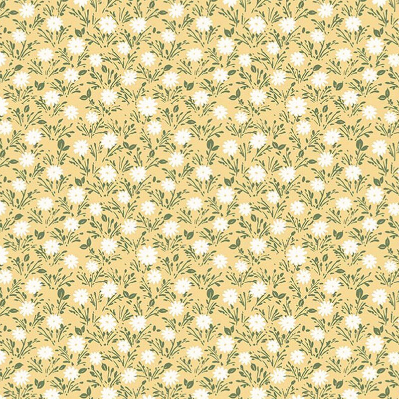 Chiffon yellow fabric tossed with white daisies and green leaves.