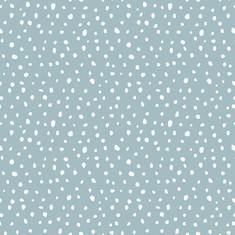 Slate blue fabric with scattered white abstract dots.