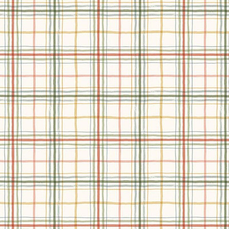 Ivory fabric featuring an orange, yellow, and green plaid design.