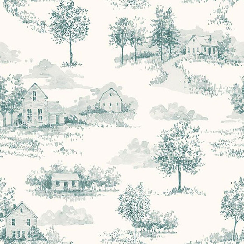 Off-white fabric featuring a blue country cottage toile design.