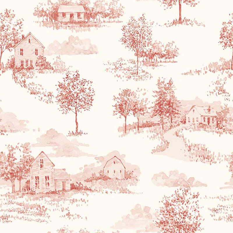 Off-white fabric featuring a red country cottage toile design.