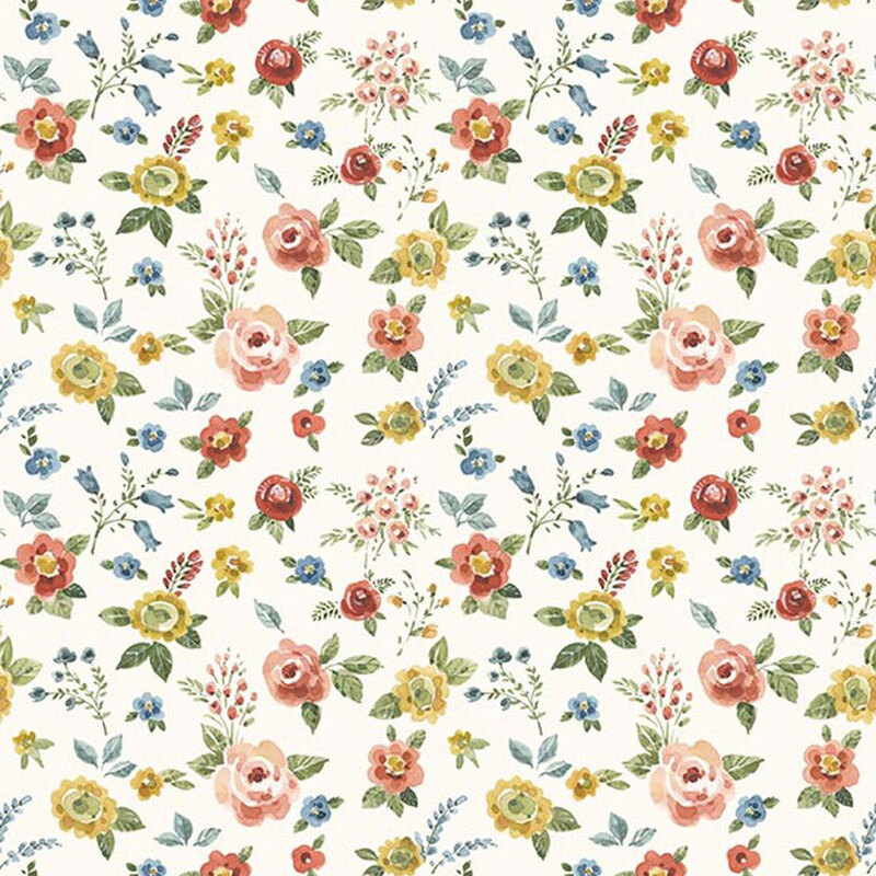Ivory fabric tossed with red, pink, and yellow flowers.