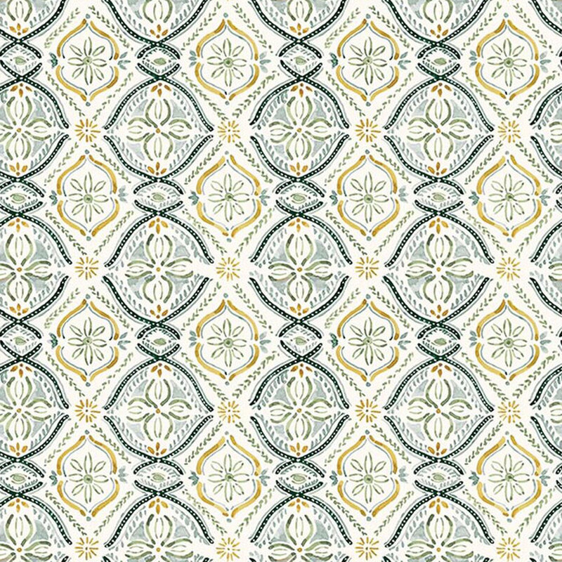 Off-white fabric featuring an ornamental design in green, yellow, and navy blue.