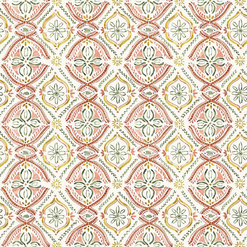 Off-white fabric featuring an ornamental design in red, green, and yellow.