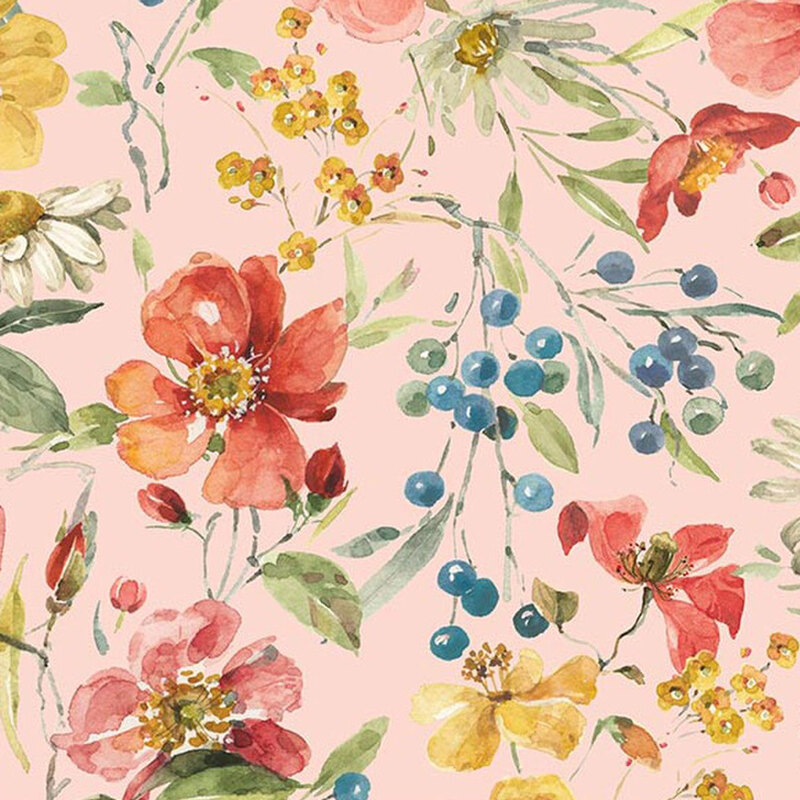 Rose pink fabric featuring watercolor florals.