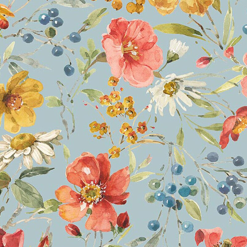 Slate blue fabric featuring watercolor florals.