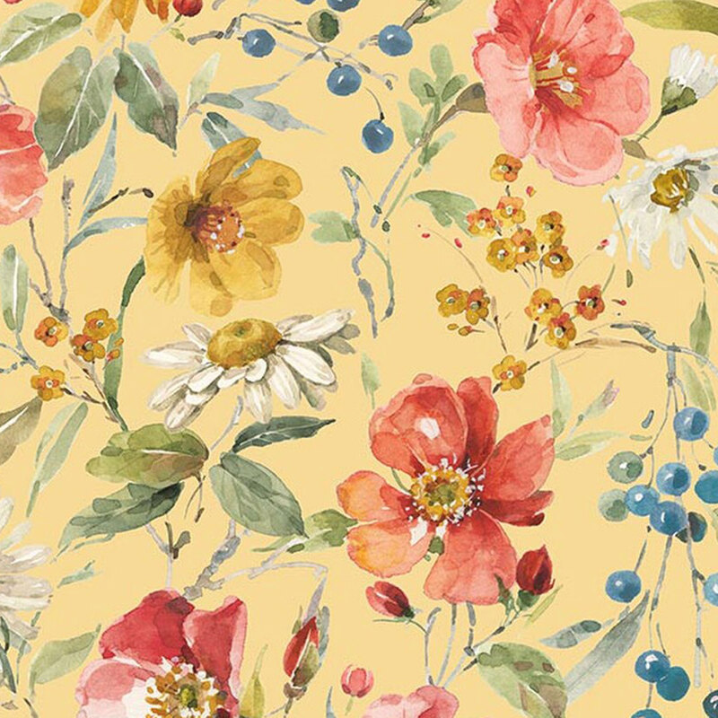 Yellow fabric featuring watercolor florals.