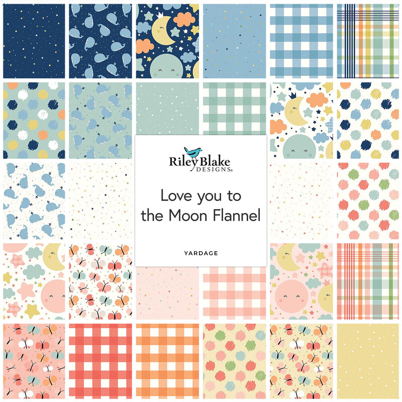 Collage of flannel fabrics in the collection with gingham, plaid, stars, suns, moons, and other cute animals in soft tones of navy, blue, turquoise, cream, pink, peach, and sunshine yellow.