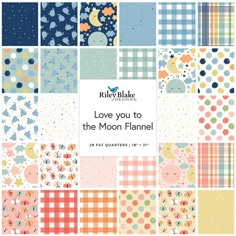 Collage of flannel fabrics in the collection with gingham, plaid, stars, suns, moons, and other cute animals in soft tones of navy, blue, turquoise, cream, pink, peach, and sunshine yellow.
