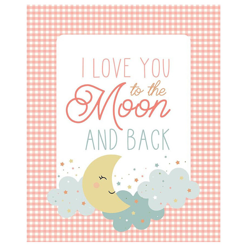 Peachy pink gingham fabric panel with a white block featuring the text "I love you to the moon and back", a smiling yellow moon, pale turquoise clouds, and multicolor stars
