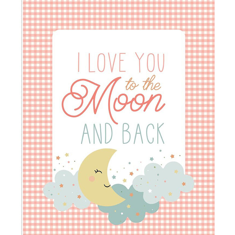Peachy pink gingham fabric panel with a white block featuring the text "I love you to the moon and back", a smiling yellow moon, pale turquoise clouds, and multicolor stars