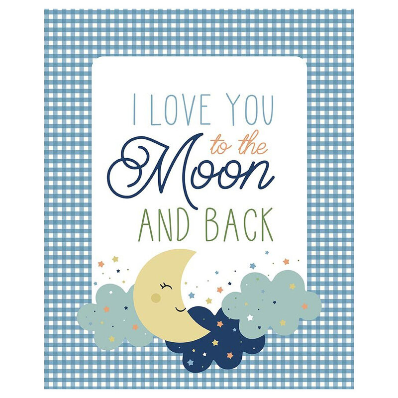 Blue gingham fabric panel with a white block featuring the text "I love you to the moon and back", a smiling yellow moon, turquoise and navy blue clouds, and multicolor stars
