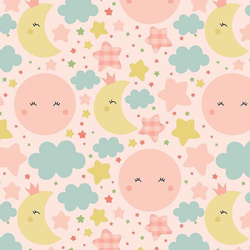 Light pink fabric with cute, blushing pink suns and yellow moons amid pastel colored stars and clouds.