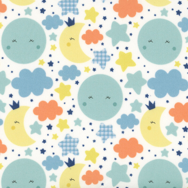 White fabric with cute, blushing turquoise suns and yellow moons amid orange, blue, and yellow colored stars and clouds.