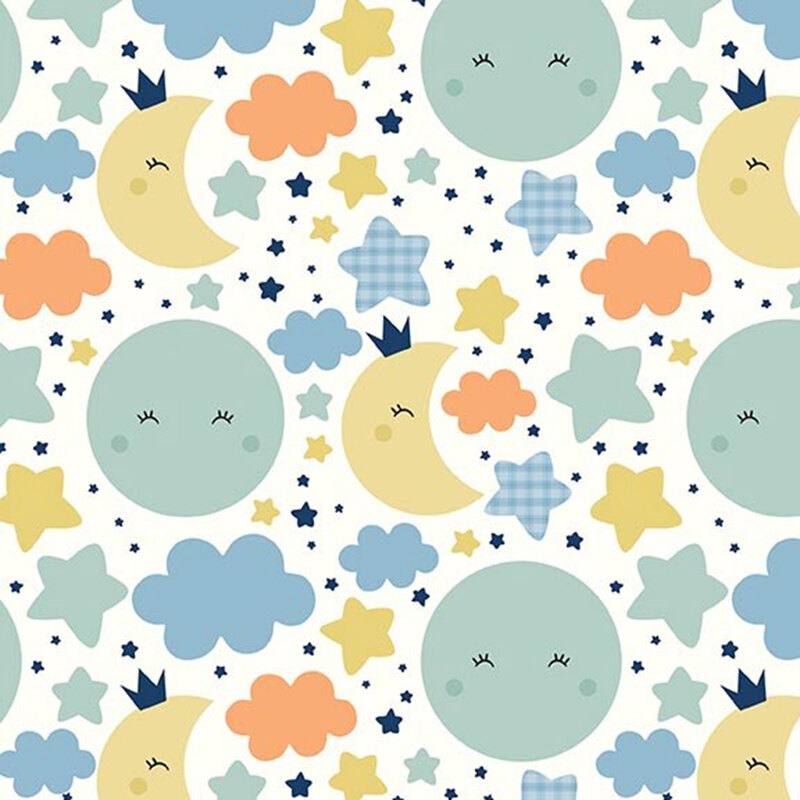 White fabric with cute, blushing turquoise suns and yellow moons amid orange, blue, and yellow colored stars and clouds.