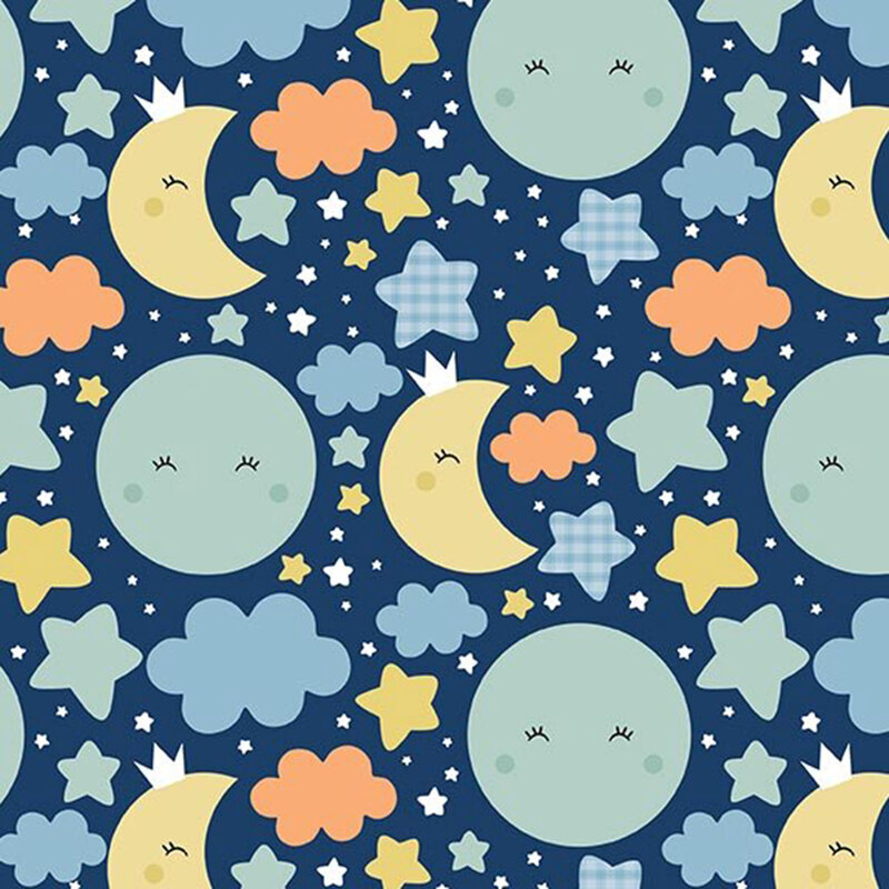 Navy fabric with cute, blushing turquoise suns and yellow moons amid orange, blue, and yellow colored stars and clouds.