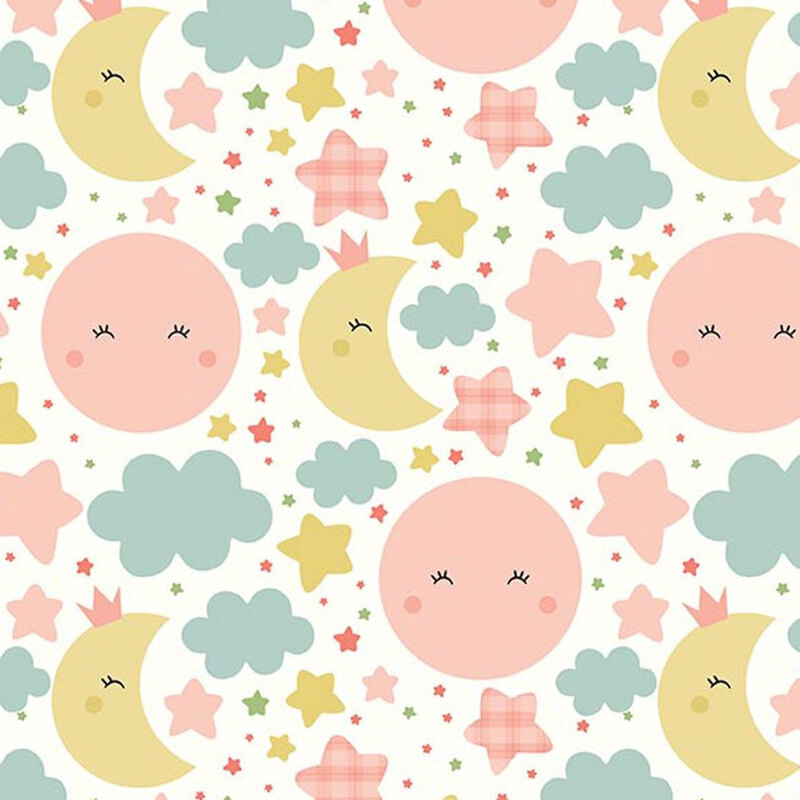 White fabric with cute, blushing pink suns and yellow moons amidst pastel colored stars and clouds.