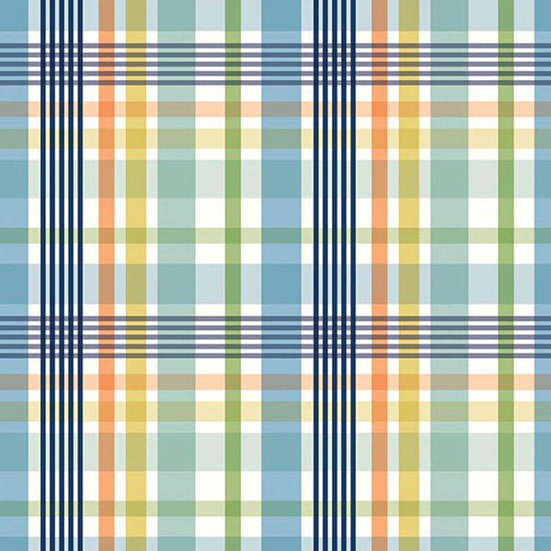 White fabric with a turquoise, navy, green, yellow, and orange madras plaid pattern