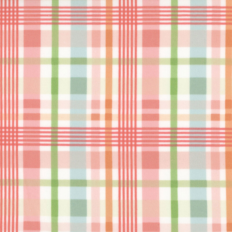 White fabric with a turquoise, navy, green, yellow, and orange madras plaid pattern