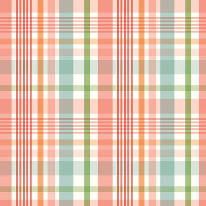 White fabric with a peach, turquoise, green, and orange madras plaid pattern