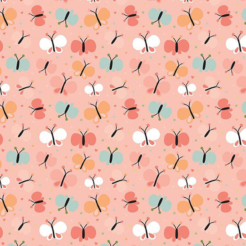 Peach pink fabric with a pattern of cartoonish butterflies in coral, orange, turquoise, and white
