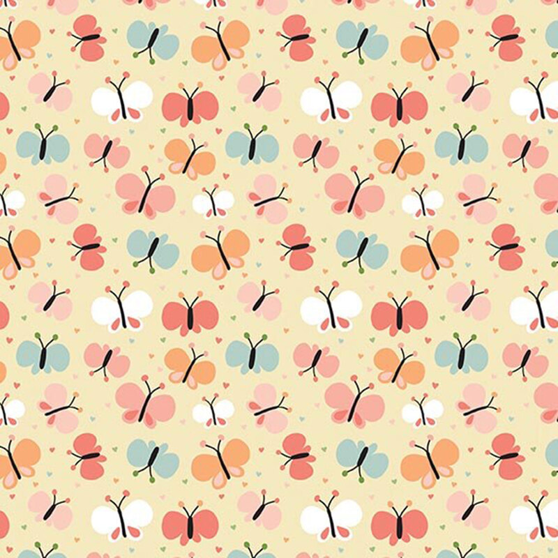 Pale citron fabric with a pattern of cartoonish butterflies in coral, orange, turquoise, and white