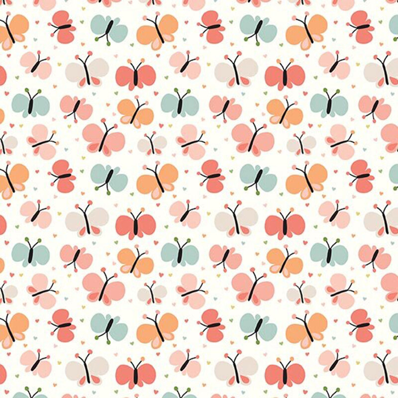 White fabric with a pattern of cartoonish butterflies in coral, orange, turquoise, and pink