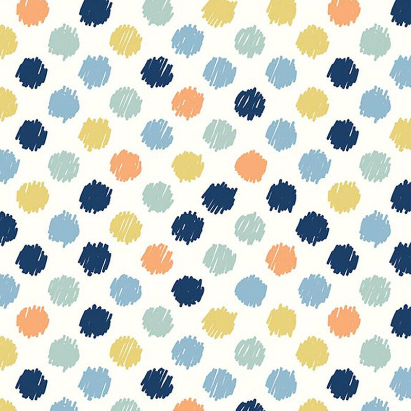 White fabric with sketched navy, blue, turquoise, yellow, and orange polka dots