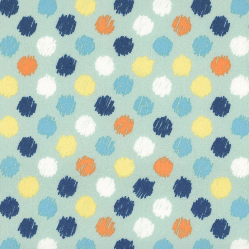 pale turquoise fabric with sketched navy, white, blue, yellow, and orange polka dots