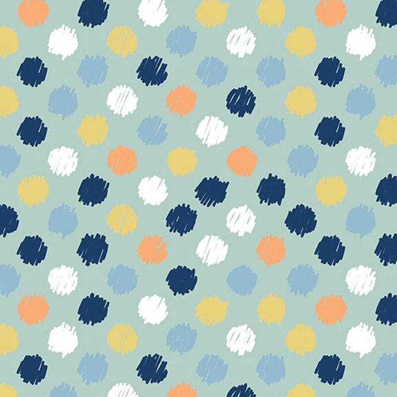 Turquoise fabric with sketched navy, white, blue, yellow, and orange polka dots