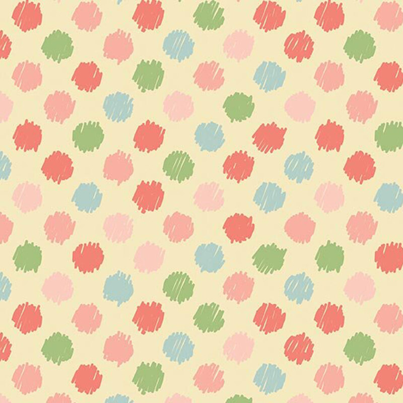 Pale citron fabric with sketched green, blue, pink, and coral polka dots