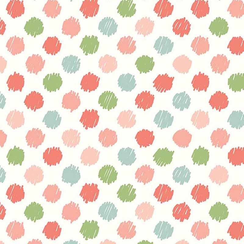 White fabric with sketched green, blue, pink, and coral polka dots